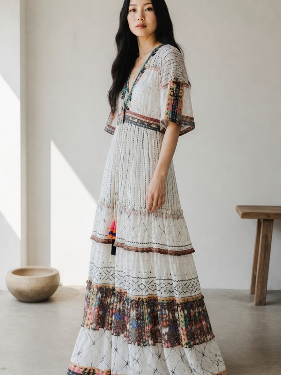 HEMANT & NANDITA Dresses & Skirts - HEMANT & NANDITA Cream Boho Tiered V‑Neck Maxi Dress with Multicolor Trim